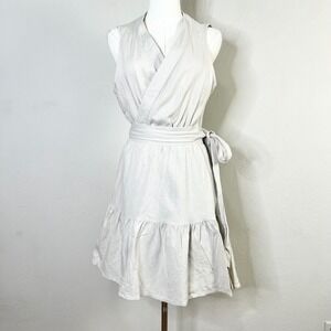 Christian Lacroix Linen Blend Wrap Mini Dress Tiered Ruffle Hem Beige Size Large